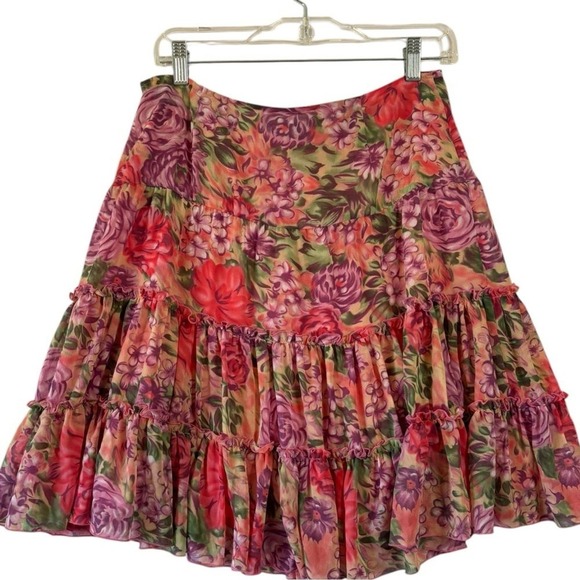 Boston Proper Women's Floral Tiered Ruffle Mini Skirt Pink Size 8 Boho Fairy - Picture 2 of 8